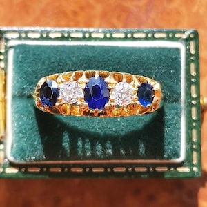 Antique 18ct Gold Sapphire & 0.20ct Diamond Half Eternity Ring, Fully English Hallmarked 18k Gold Ring, Made in London 1914, UK M, US 6