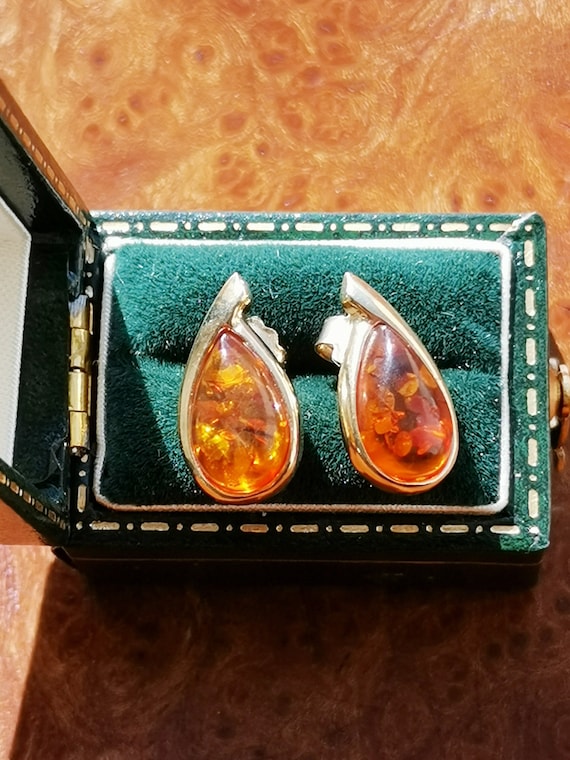 Vintage 9ct Yellow Gold Amber Stud Earrings, Fully