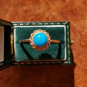 Vintage 9ct Solid Gold Single Stone Turquoise Cabouchon Ring, Yellow Gold Turquoise Ring, 1965 Birmingham Hallmarked, UK O, US 7.25