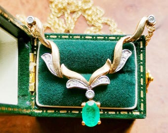 Vintage 9ct Gold Emerald and Diamond Chain/Necklace, 9k Gold Multi-Gemstone Pendant Necklace, Hallmarked British Vintage, Excellent Quality