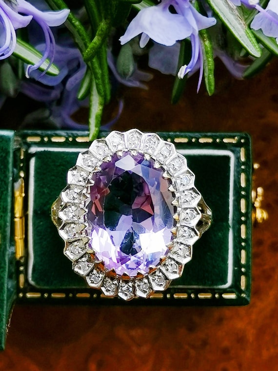 Vintage 9ct Solid Gold Amethyst and Diamond Halo Ring, 9k Gold Natural Amethyst Cluster Ring, Hallmarked British Vintage, UK N, US 6.75