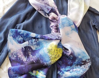 Watercolor Landscape Scarf, 100% silk scarf, Large watercolor scarves, Purple scarves, Unique gift for her, Elegant silk scarf