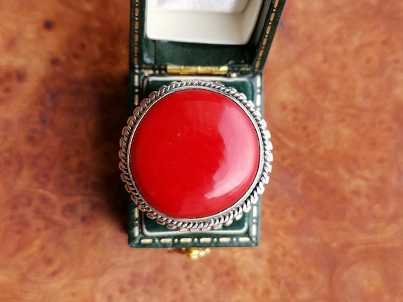 Vintage Sterling Silver Сoral Ring, Solid Silver Single Stone Ring, 925 Hallmarked Vintage, Large Сoral Statement Ring, Natural Coral Ring