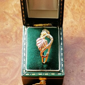 May include: A gold and green leaf ring in a green velvet ring box.