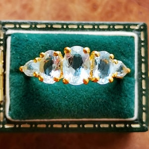 Vintage 9ct Solid Gold Five Stone Aquamarine Set Ring, Fully Hallmarked 9k Gold British Vintage Ring, 5-stone Natural Aquamarine Ring, UK M