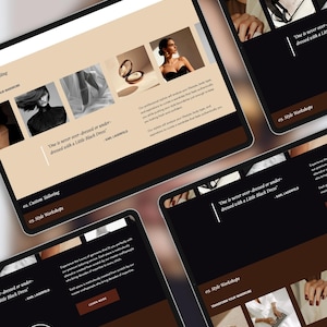 Könnte beinhalten: Vier digitale Tablets zeigen eine Website mit einem schwarzen und beigen Design. Die Seite wirbt für maßgeschneiderte Schneiderkunst und Stil-Workshops. Der Text "One is never over-dressed or under-dressed with a Little Black Dress" ist sichtbar.