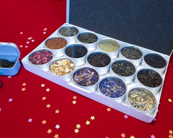 Tea gift Box - Set of 15. Herbal & Tea Brewing Kit Dad Mum Custom tea blends Black Tea, Tea lover. Jasmine Rose Dried flowers Tea Sample