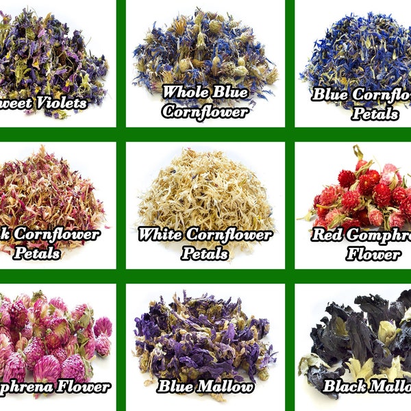 62+ types de fleurs et pétales - 10g - 50g, fleurs séchées, pétales séchés, teinture, artisanat, thé lavande rose bleuet papillon pois