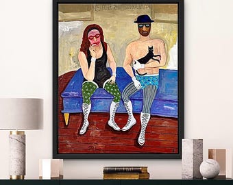 Original Acrylic Painting: Wrestler and Cat Art, Outsider Brut (24 x 30 inches)