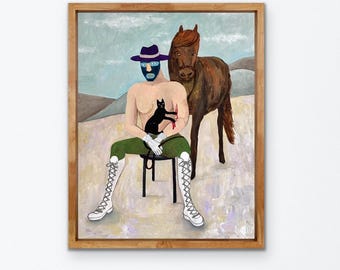 Original Acrylic Painting, Wrestler and Cat, Outsider Art Brut (11 x 14 inches)