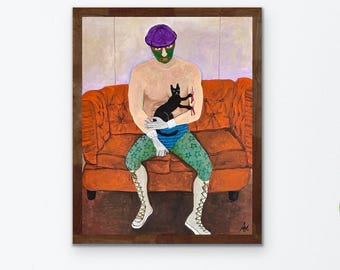 Original Acrylic Painting, Wrestler and Cat, Outsider Art Brut (11 x 14 inches)