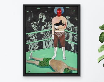 Original Acrylic Painting, Wrestler and Cat, Outsider Art Brut (11 x 14 inches)