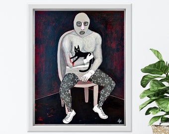 Original acrylic painting, living wall hanging, wrestler and cat, 11 x 14 inches, one of kind art, outsider brut, "Man Who Loves a Cat"