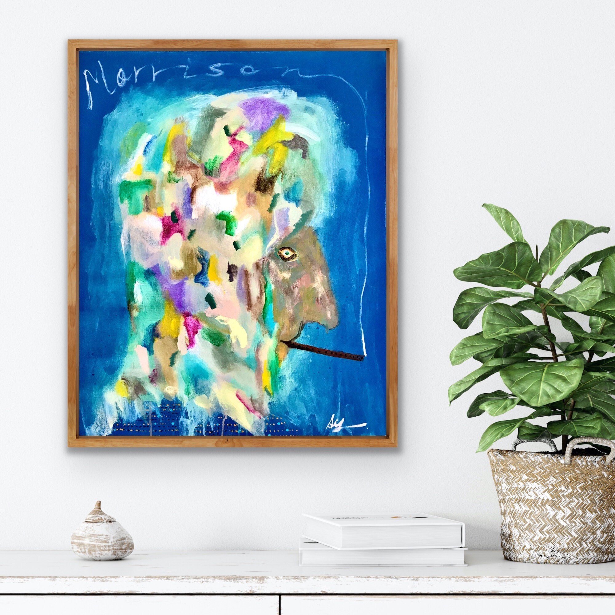 Original acrylic painting, living wall hanging, blue portrait wall