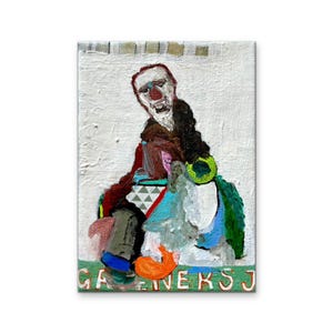 Pode incluir: Pintura abstrata sobre tela apresentando uma figura sentada com rosto vermelho e cabelo escuro. A obra usa branco, verde, azul e laranja. O texto "GA...NEKSJ" está na parte inferior. Pinceladas visíveis.