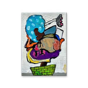 Pode incluir: Pintura abstrata sobre fundo branco. A obra apresenta uma figura com cabeça azul com bolinhas brancas, tronco castanho e cesto verde. A pintura utiliza uma variedade de cores, incluindo laranja, roxo e rosa.