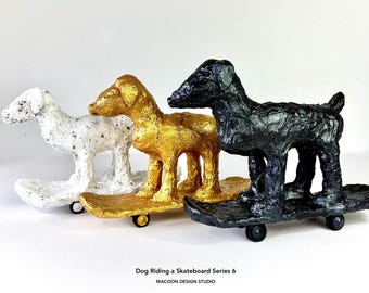 Dog on Skateboard Sculpture: Handmade Animal Folk Art