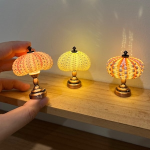 May include: Miniature lamps with sea urchin shell shades in shades of orange, yellow, and pink. The lamps have bronze-colored bases and are lit, casting a warm glow. One lamp is held by a hand, while two others sit on a wooden shelf.