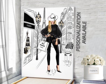 Fashion Wall Art - Fashionable Girl Illustration Paris Wall Art Canvas Print - Eiffel Tower Fashion Poster