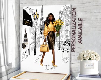 Glamour Girl Paris Fashion Wall Art Canvas Print - Eiffel Tower Fashion Poster Girl Illustration Paris Wall Art Fashion Prints