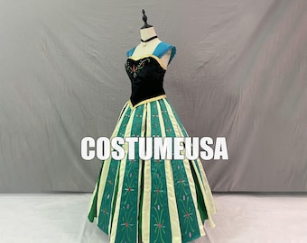 May include: A costume dress on a mannequin. The dress has a black bodice with gold trim and a green and cream striped skirt. The text "COSTUMEUSA" is visible on the skirt.