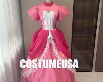 Princess Mario Peach Red Dress Mario Dress Satin Woman Girls Flowers Cosplay Costume