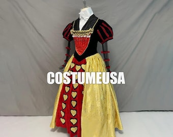 May include: A regal costume featuring a black bodice with red accents and a gold-colored skirt. The dress has a heart-shaped design on the front and is displayed on a mannequin. The text "COSTUMEUSA" is visible on the front.