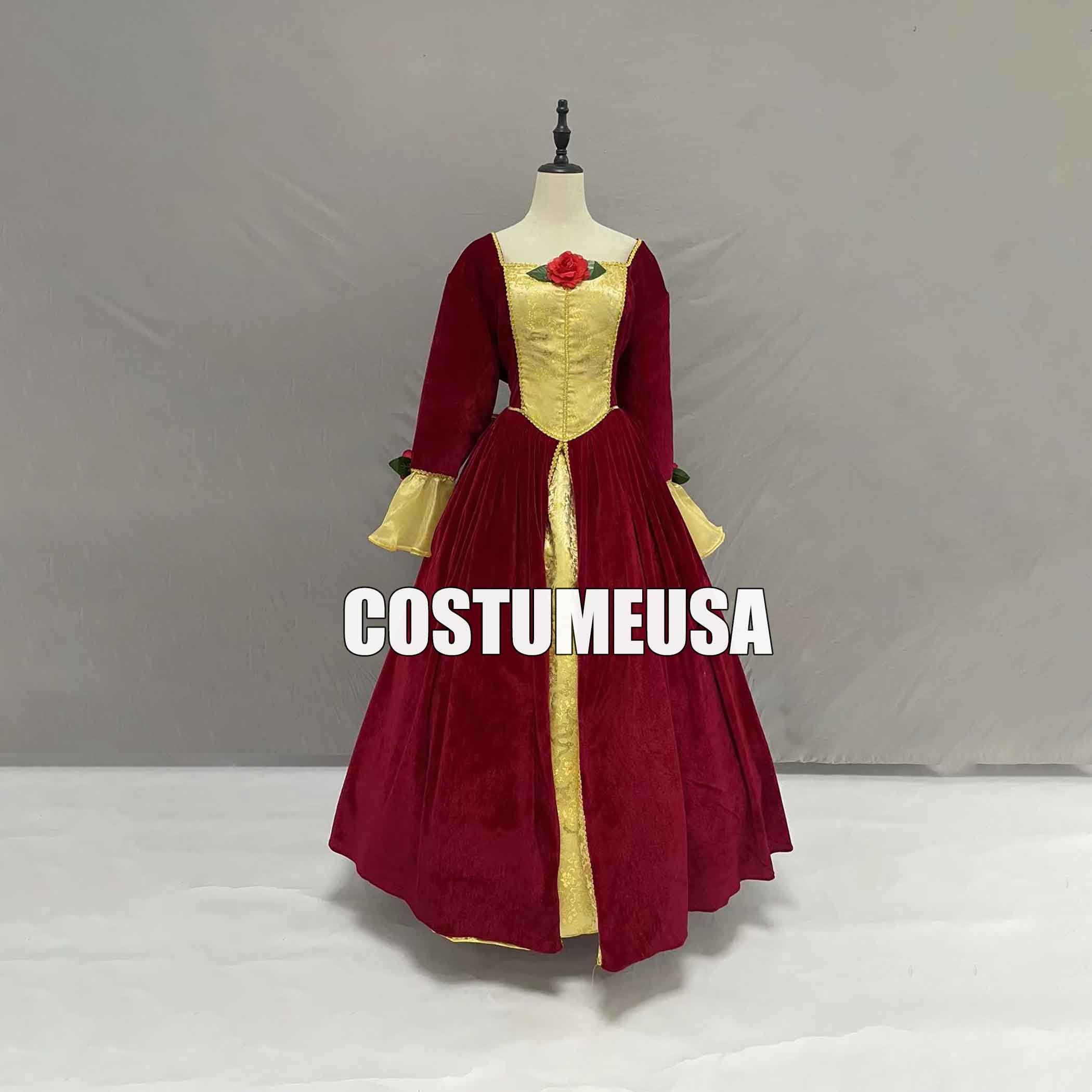 Princess Belle Dress Beauty and The Beast Belle Costume Cosplay Velvet Wine Red Silver White Dress Woman Girls Adult