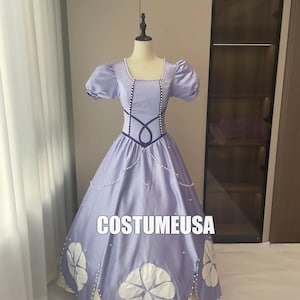 May include: A lavender ball gown with a white flower design and pearl accents. The dress has a fitted bodice and a full skirt. The dress is on a mannequin and the text "CostumeUSA" is visible on the skirt.