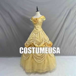 Princess Belle Dress Beauty And The Beast Belle Dress Yellow Brocade Satin Woman Girls Cosplay Costume