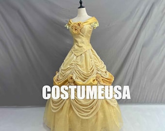 Princess Belle Dress Beauty And The Beast Belle Dress Yellow Brocade Satin Woman Girls Cosplay Costume
