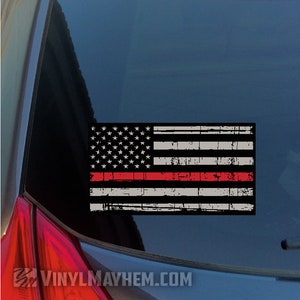Distressed Thin Red Line subdued American Flag sticker decal Fire Department Hazmat Fireman