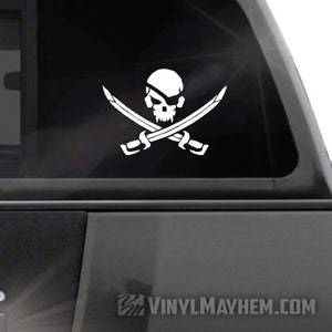 May include: White vinyl decal of a pirate skull and crossbones. The skull has an eye patch and a menacing expression. The swords are crossed behind the skull.