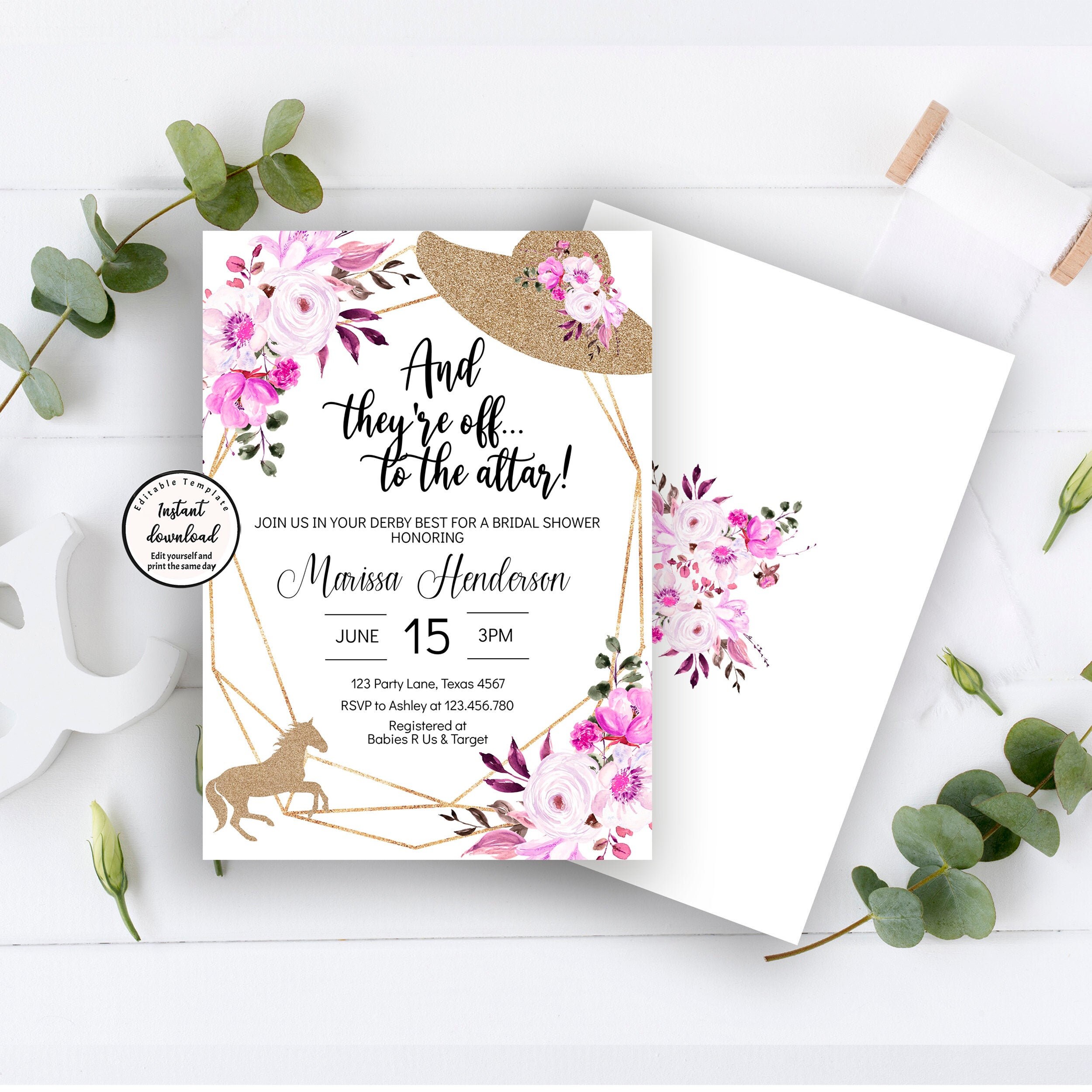 Editable Kentucky Derby Bridal Shower Invitation template Etsy