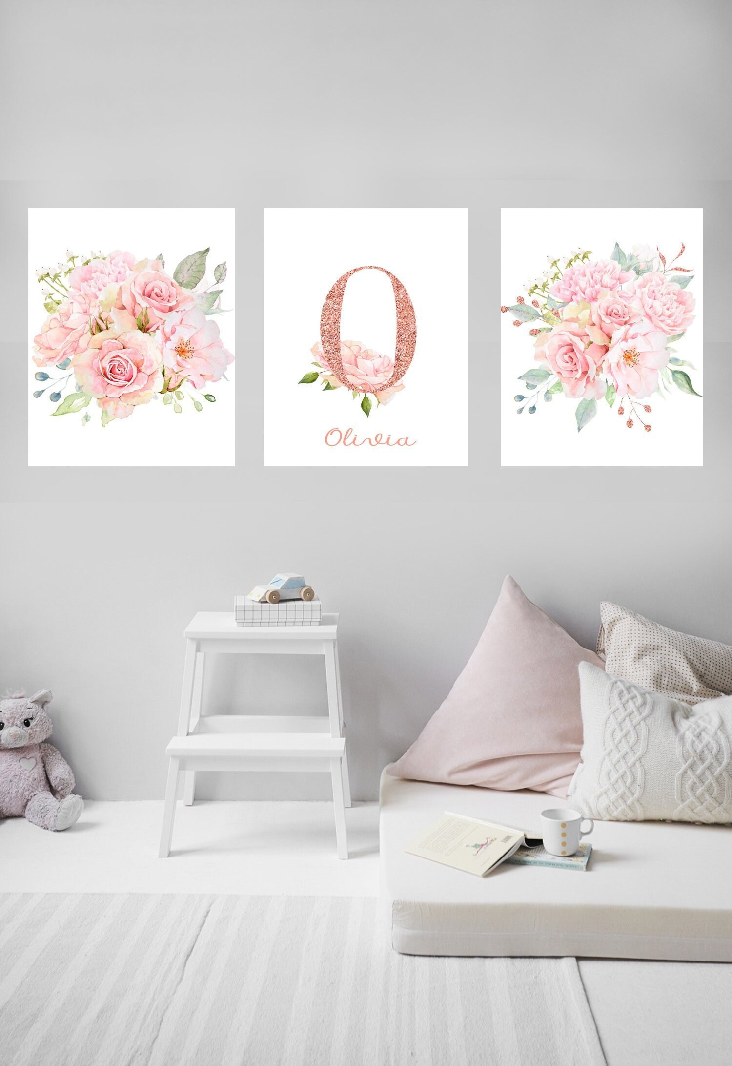Flower Nursery wall art Set of 3 prints Pink nursery decor Etsy