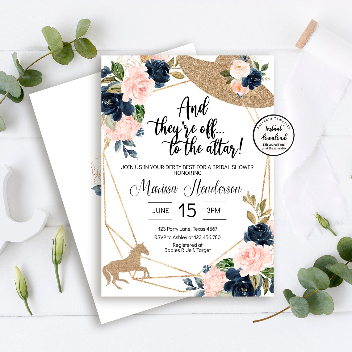 Editable Kentucky Derby Bridal Shower Invitation template Etsy