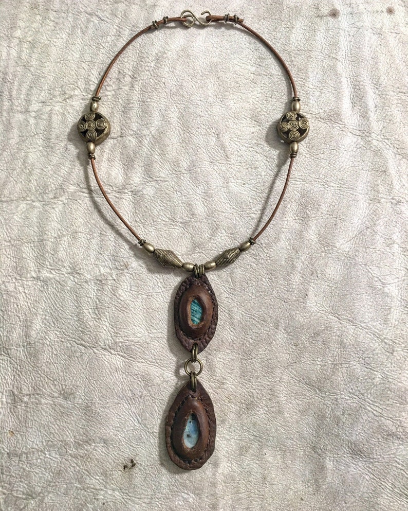 Amazonite Opal Brass /& Leather Necklace