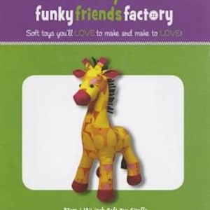 May include: A plush giraffe toy with a yellow and orange patterned body, red accents, and black mane, standing in front of a white rectangle. The packaging reads "funky friends factory" and "Raff the GIRAFFE". The giraffe measures 37cm.