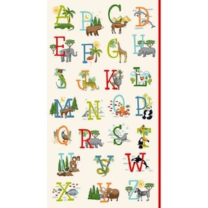May include: A colourful alphabet chart featuring animals and nature scenes. Each letter is paired with an animal and a nature scene, such as a giraffe with a tree, a panda with bamboo, and a dolphin with the ocean.