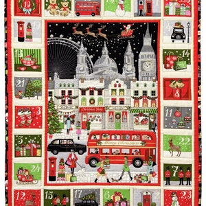 May include: A Christmas advent calendar quilt depicting London scenes, including a red double-decker bus and festive shops. The quilt features various holiday-themed squares with numbers. The quilt has a red border and a black background.