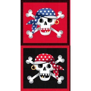 May include: Two red and black squares with a white skull and crossbones design. The skull is wearing a bandana with white polka dots. The bandana is blue on the top square and red on the bottom square.