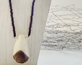 Arapaima Gigas scale pendant, white wood beads, brown wood beads, wax linen cord, fish scale necklace, natural, organic, eco-friendly jewel