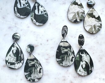 Guernica earrings, Picasso inspired, resin jewelry, wearable art, teardrop earrings, Picasso earrings, black & white, unique design earrings