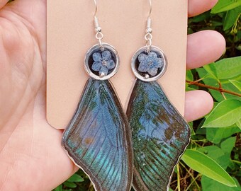 Real Butterfly Wings, Resin Jewelry, Natural Jewelry, Pressed Flowers, Gold/ Silver Hooks, Dangle Drop Earrings