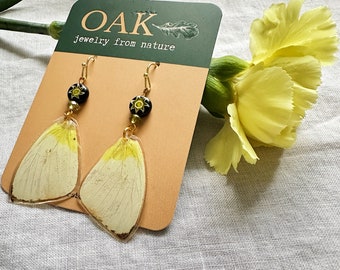 Real Butterfly Wings Earrings, Epoxy Resin, Nature Inspired, Pressed Flowers, Dangle Drop Earrings, Ethically sourced, Yellow Butterfly