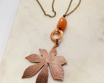 Copper leaf, etched copper, leaf pendant, carnelian agate, bronze chain, long necklace, botanical jewelry, plant copper jewelry