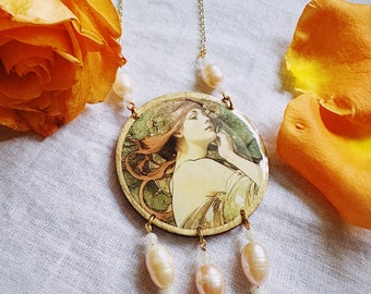 Alphonse Mucha Necklace, Gold Chain, Pearl Teardrops, Art Nouveau Jewelry