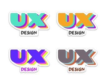 May include: Four colorful stickers with the text "UX DESIGN" in a layered, 3D style. The stickers feature different color combinations: turquoise, orange, purple, and gray.