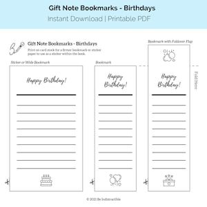 Gift Note Bookmarks - Printable - Birthday Theme