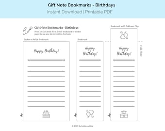 Gift Note Bookmarks - Printable - Birthday Theme